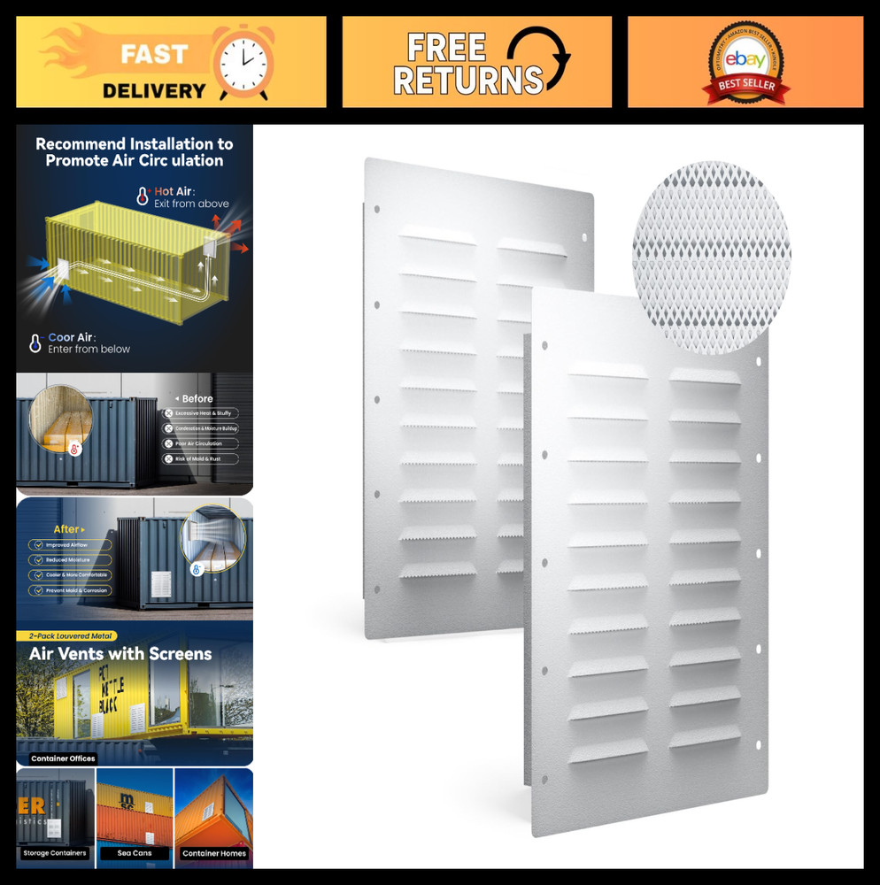2 Pack Heavy Duty Shipping Container Vents with Metal Mesh, 11.26″x14″ Airflow f